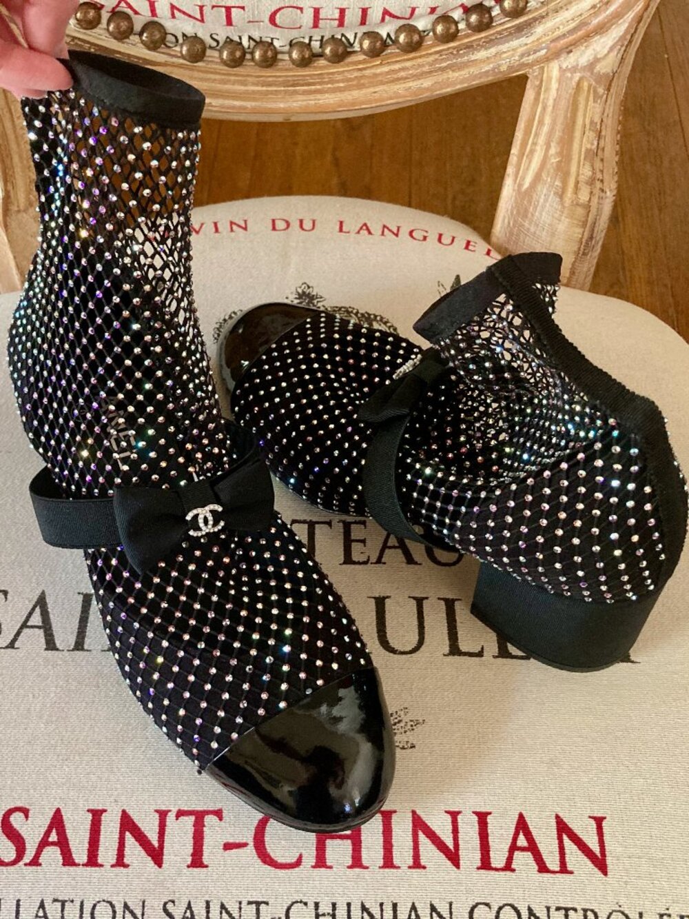 CHANEL 23S strasse crystal mesh sock d'orsay pumps ankle boots 38